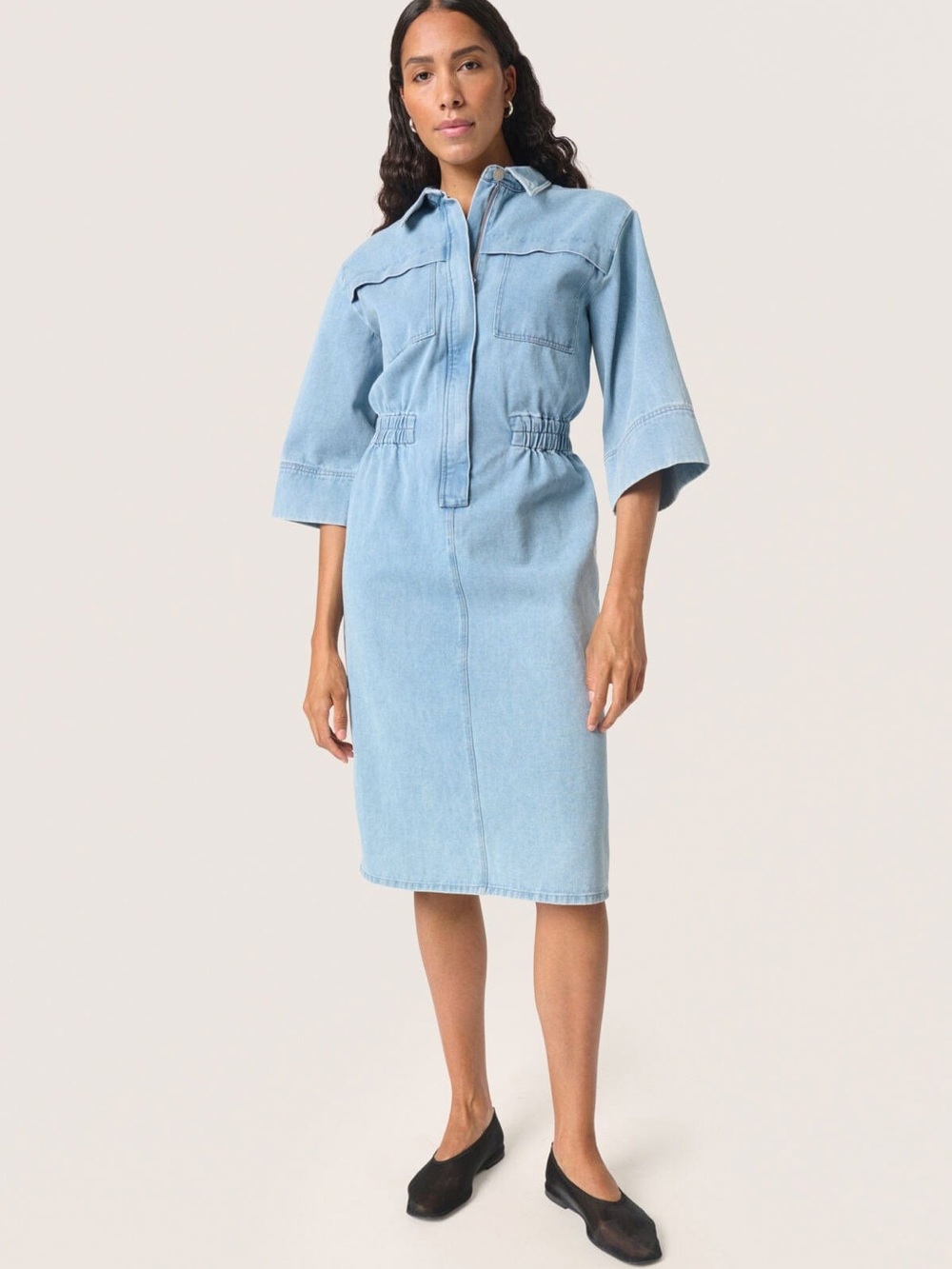 Light Blue Denim Midi Dress with Utility Details